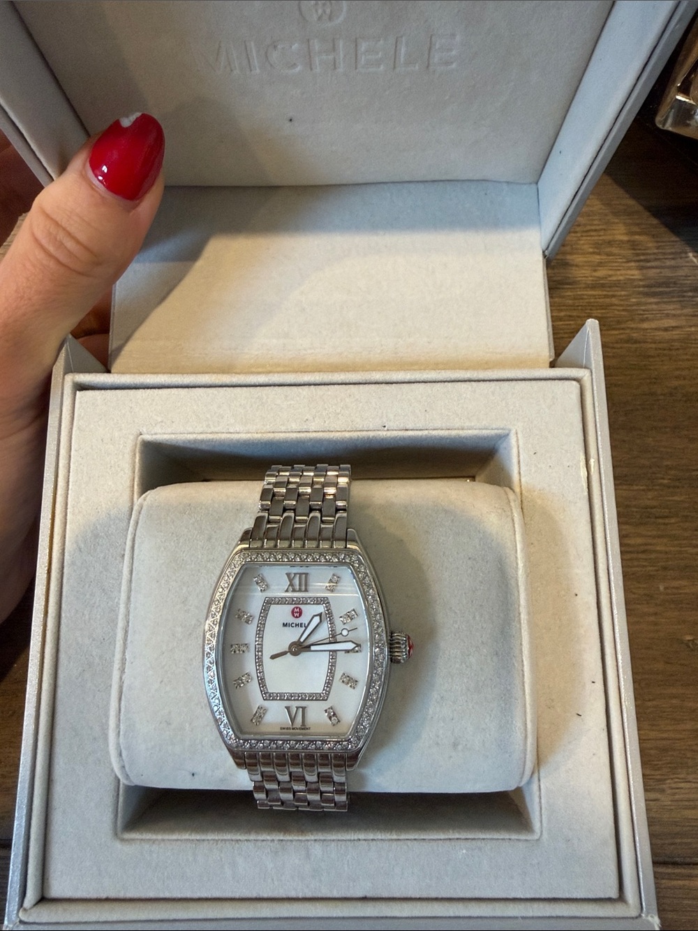 Michele Silver Diamond-Accented Mother-of-Pearl Bracelet Watch
